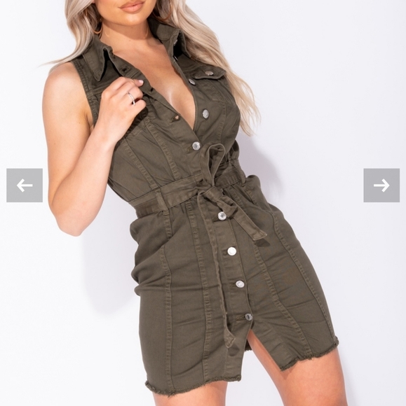 Parisian Works Dresses & Skirts - Demin Khaki Button Up Tie Waist Shirt Dress